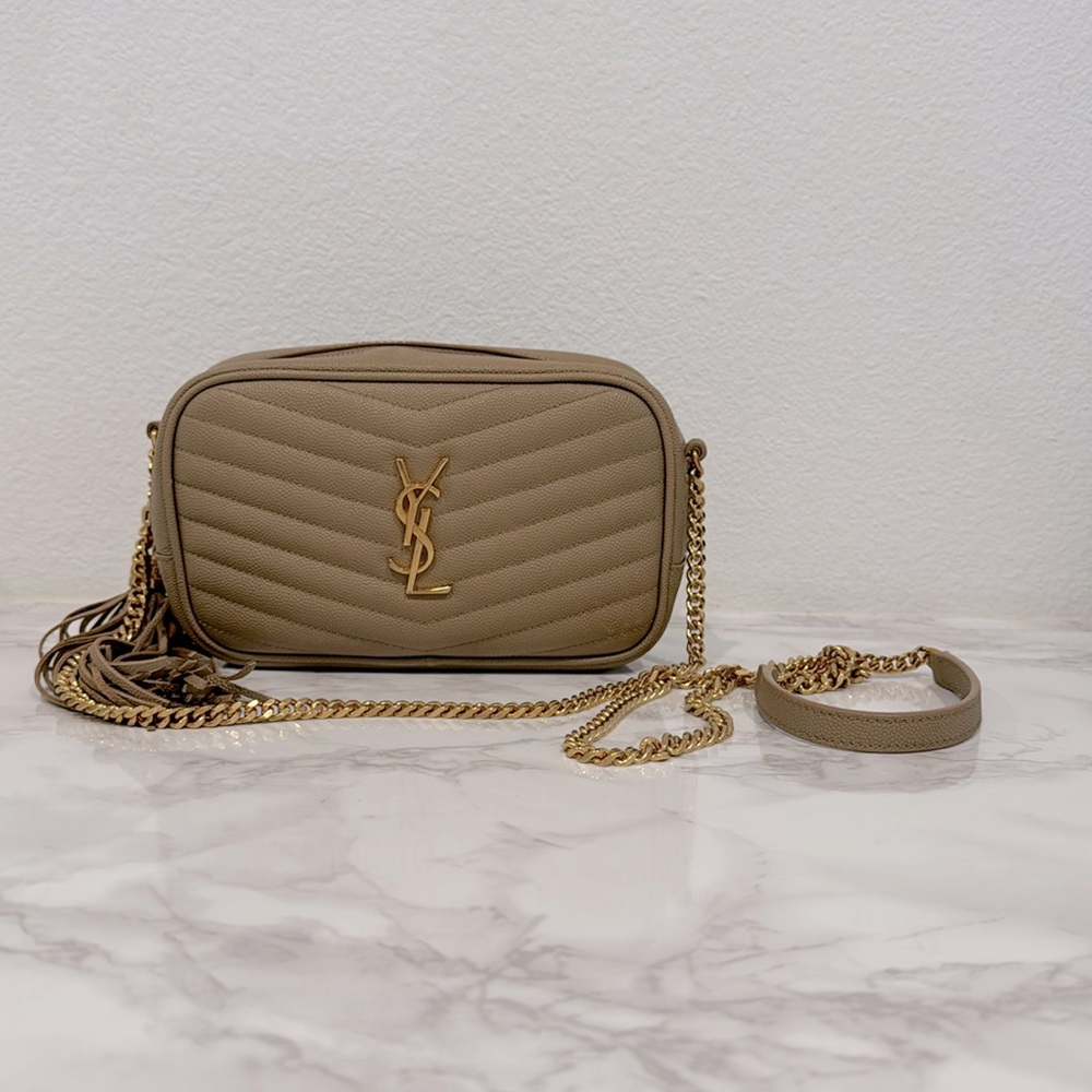 SAINT LAURENT Grain De Poudre Matelasse Monogram Mini Lou Camera Bag Dark Beige
